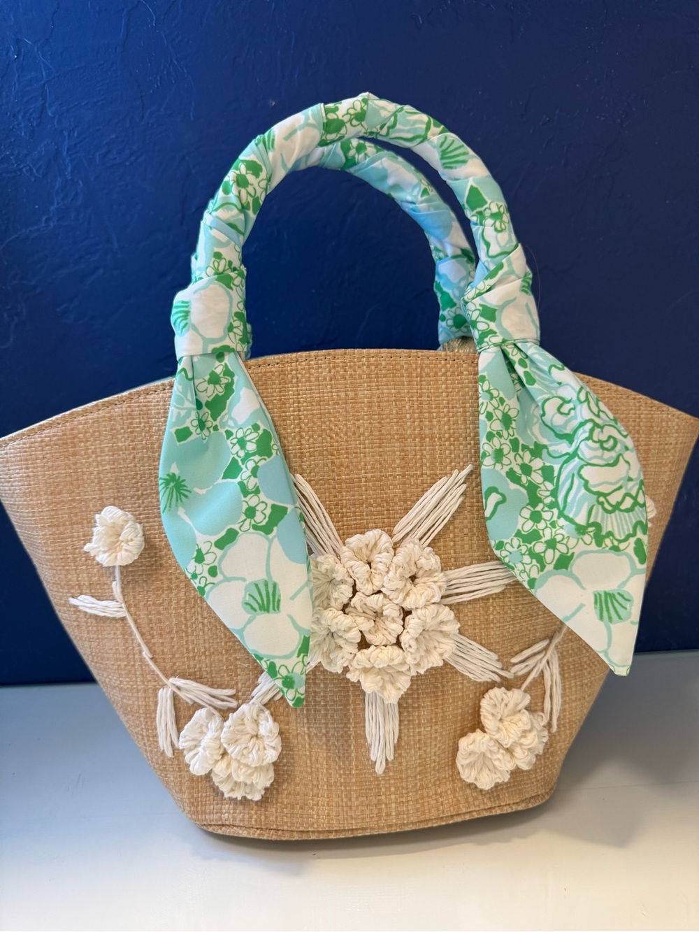 Lilly Pulitzer Straw Tote Green Aqua Scarf Handles Floral GWP